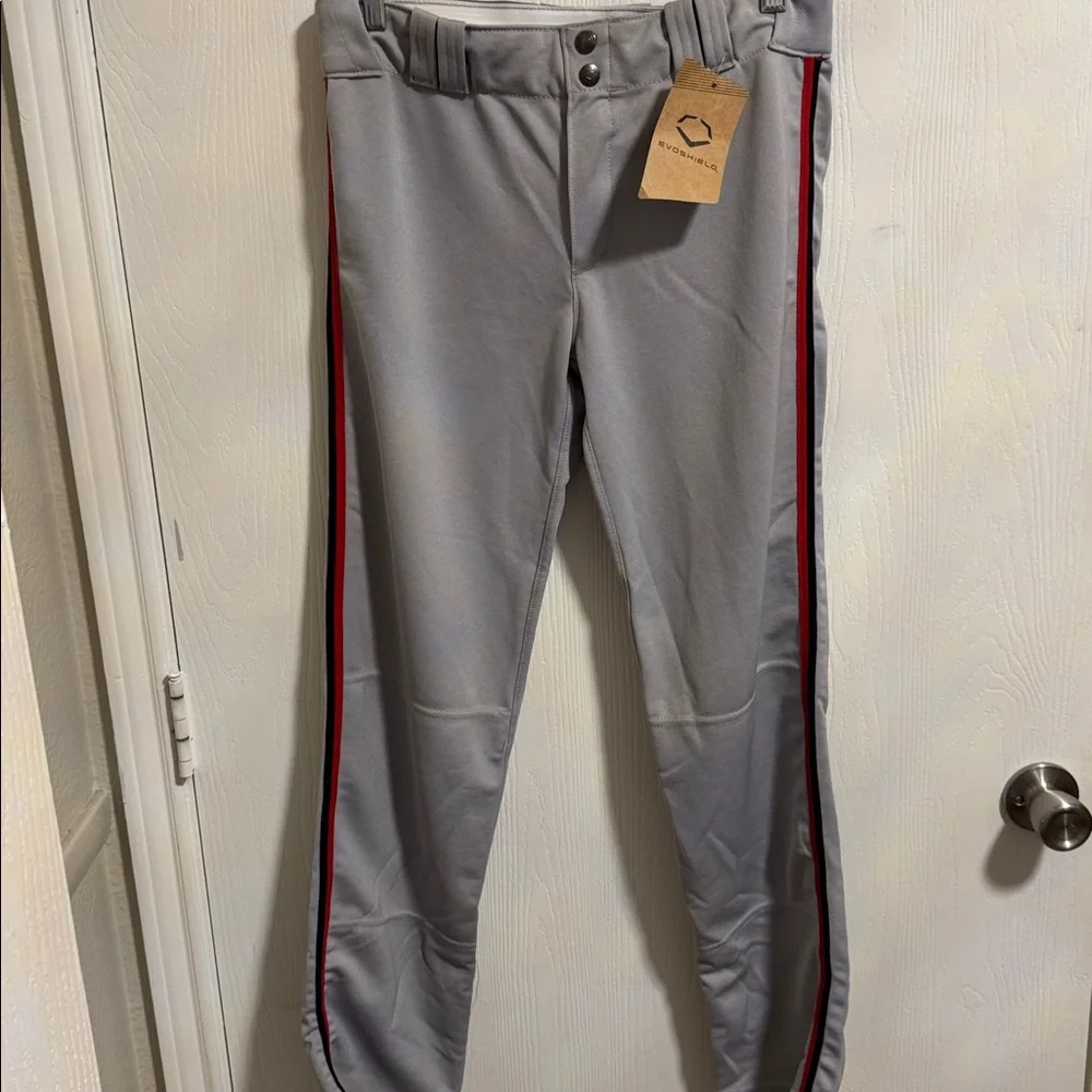 NWT Evoshield Boys Youth‎ Large Gray Baseball Pants Full Length Red Black Piping